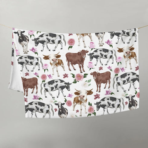 Watercolor Cow Boho Floral Baby Blanket - Farm Animals Flannel Swaddle Blanket for Boys and Girls, 30x40