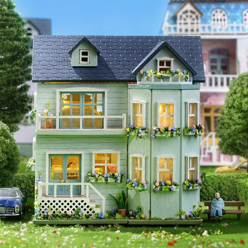DIY Miniature House Kit, CUTEROOM Wooden Dollhouse Kit with Furniture, Birthday Gift for Women and Girls (Warm Manor)