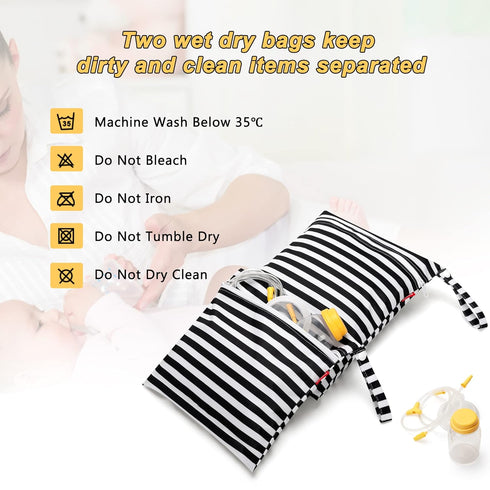 2Pack Damero Breast Pump Parts Bag, Wet Bag for Breast Pump Parts Storage with Waterproof Mat, Black Strips