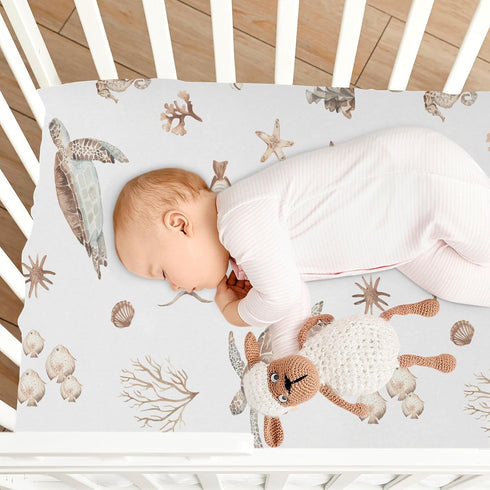 CaTaKu 27"x 39" Crib Sheets for Girls Boys Sea Turtles Seashells Baby Sheets for Crib,Neutral Toddler Mini Crib
