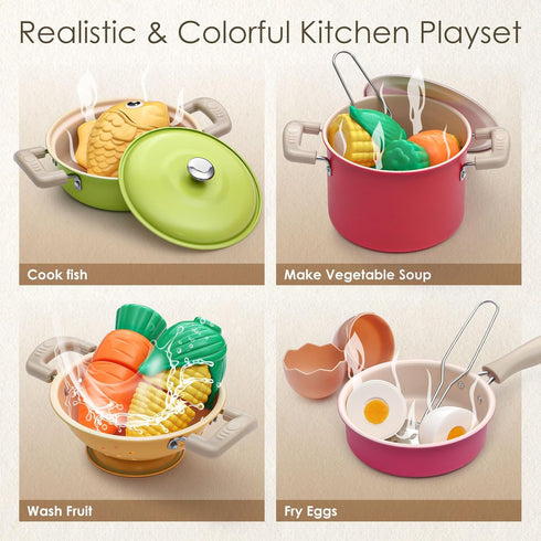 Playset Set, Set, Golray Play Kitchen Accessories, Pretend Cooking for Kids with Pots and Pans Cooking Utensils Toys