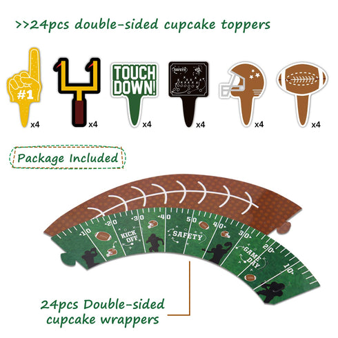 24 Packs Football Cupcake Toppers and Wrappers for Birthday Sports Game Day Sunday Party Decoration Supplies