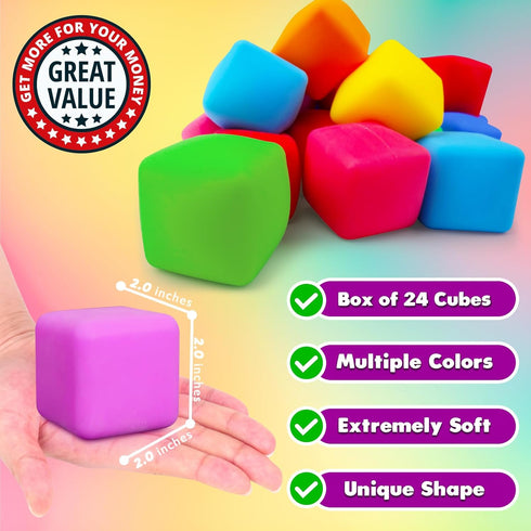 24 Pack Slow Rising Stress Cube, Large Size Dough Stress Balls Fidget Toys for Stress Relief, Pull Stretch Fidgets