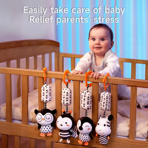 3 6 9 12 Girls,4 Pack TUMAMA Black and White Baby Toys for Months,Plush Hanging Rattles,Newborn Stroller Toys for Boys