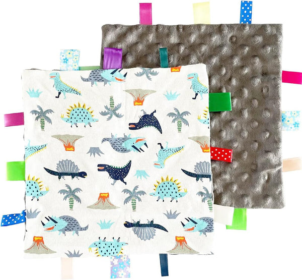 1 PC Grey Dinosaur Baby Tag Blanket, Cute Label Blanket, Small Tags Security Blanket for Kids Toddlers Gift