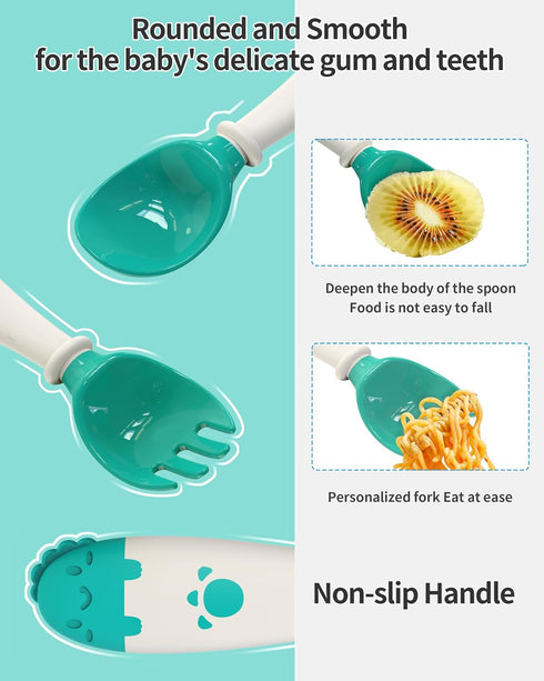 Deejoy Toddler Utensils with Travel Case, Silicone Bendable Handle Baby Spoons and Forks Set for Self Feeding, Green