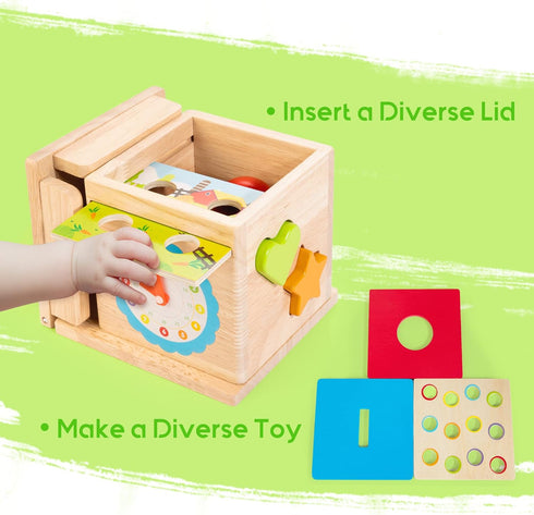 Montessori Toys 8-in-1 Wooden Play Kit for 1+ Year Old, Learning Activity Cube, Sorting & Stacking Toy, Gift for Boys