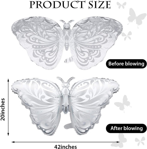 6 Pieces Silver Butterfly Balloons - 42 Inch Extra Large Birthday Foil Balloons for Party Decoration