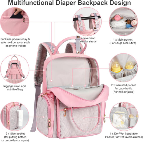 Backpack Mommy backpacks, Diaper Bag - bag for hospital, Travel Large Capacity, Multifunctional - Baby Essentials(Pink)