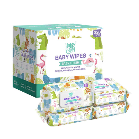 4 packs (320 HAPPY BUM Sensitive Water Baby Diaper Wipes, Baby Wipes, Unscented, Flip-top Wipes Total)