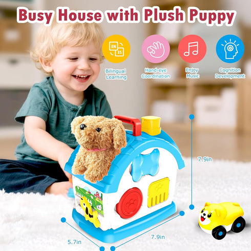 Ming You 1 2 3 1-3, 1 Interactive Toys for Year Old Boy Gifts, Baby Musical Toy House with Stuffed Puppy, Car, Learning