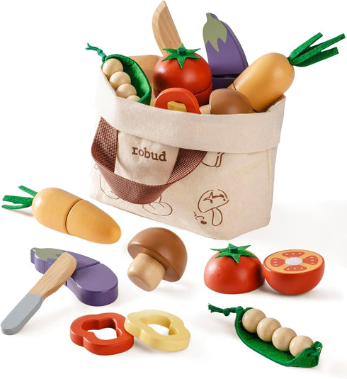 ROBUD Wooden Toy Food Set, Cutting Play Food for Kids Kitchen Accessories