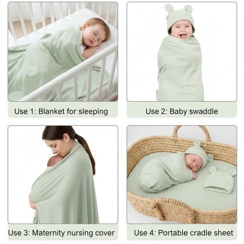 6 Set 100% 31.5" Ramede Baby Swaddle Blanket and Hat, Cotton Newborn Receiving Blanket Wrap with Headband, Soft