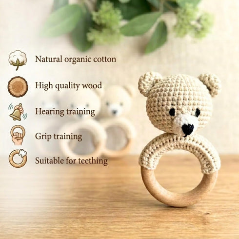 Generic Set 0-12 Organic Crochet Bear Baby Rattle Toy - Handmade Newborn Gift with Teether & Pacifier Holder - BPA-Free