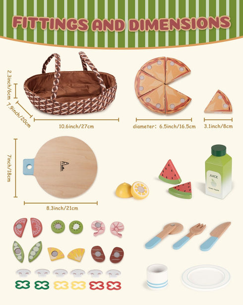 1-3, Playset 3-5, 3 4 5 6 Wooden Pizza Toy, Wooden Food Toys for Toddlers Wooden Play Food with Basket, Pretend Play