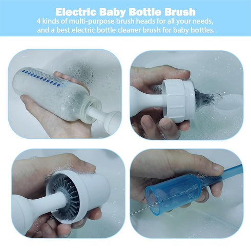 Set Electric Baby Bottle Brush with Rechargeable Electric Bottle Brush Cleaner and Replaceable Silicone Bottle Brushes