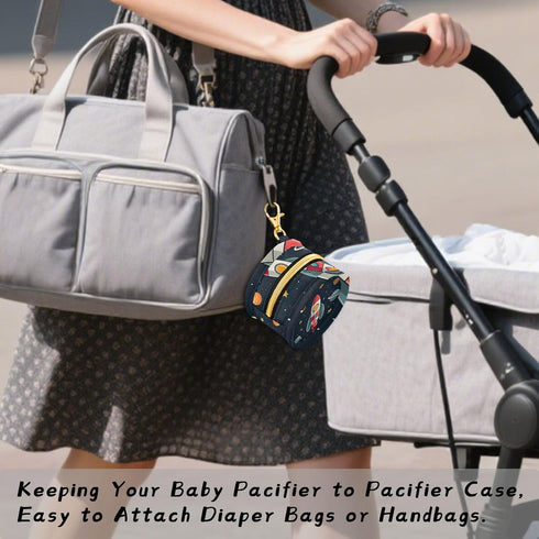 YETTASBIN Space Rocket Portable Pacifier Holder Case with Metal Hook Buckle & Zipper for Diaper Bag and Stroller