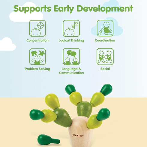 3+ PlanToys Mini Balancing Cactus | Montessori Wooden Toy for Toddlers | STEM Game for Fine Motor Skills, Logic