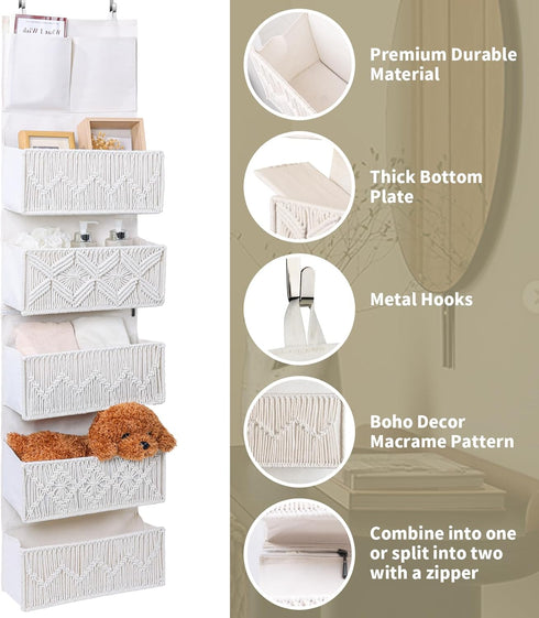 5 Closet ANTIS'S HOME Over the Door Organizer Macrame Boho Nursery Storage with Large Woven Pockets, Hanging Basket