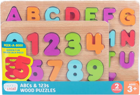 Chuckle & Roar - 2 Pack ABCs and 123s Wooden Puzzle - Fun Educational Puzzle for Kids - Develops Fine Motor Skills