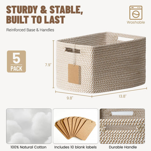 5 Pack Closet, Woven Storage Baskets for Shelves, Decorative Basket Organizer Storage Bins for Toys, Books, Clothes