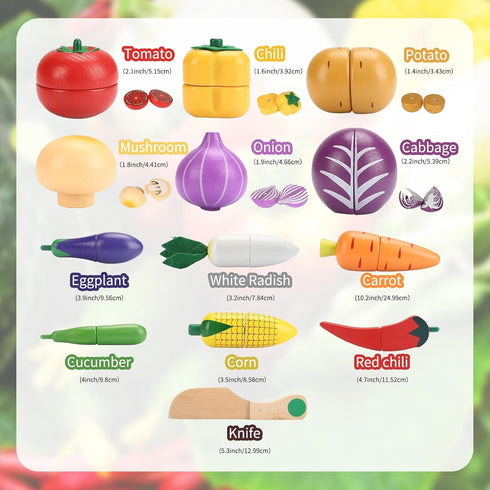 Set Wooden Vegetable Toys for Children,Pretend Play Food for Kid, Magnetic Cutting Kitchen Toy with Picnic Basket,Baby