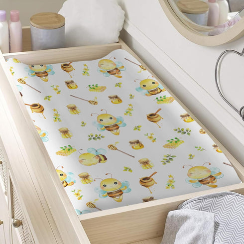 Cartoon Bees Boho Leaves Honey Changing Pad Covers for Baby Boy Girl 32''x16'' - Retro Floral Fitted Sheets for Diaper