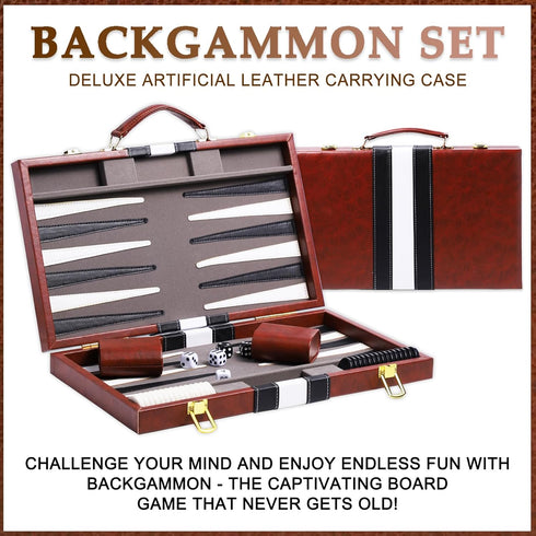 Backgammon Sets for Adults - 15 Inch Brown Classic Board Game with Premium Leather Case, Portable