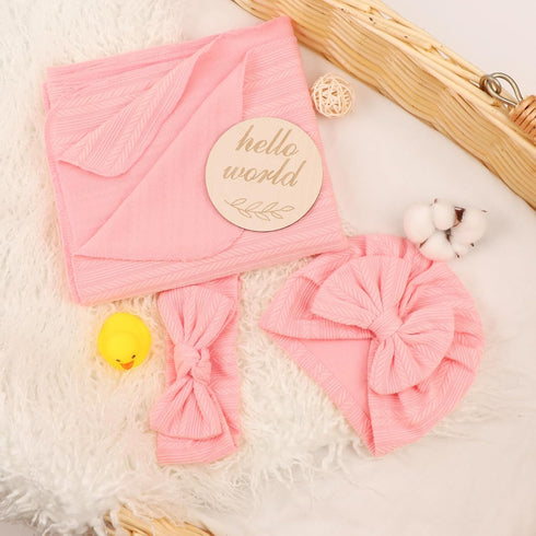 4PCS Set DRESHOW BQUBO Baby Swaddle Blankets for Girls, Newborn Accessories with Hat and Bow Headband with Hello World