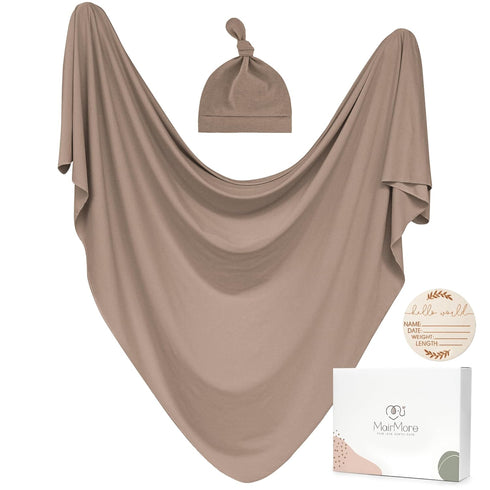 Baby Swaddle Receiving Blankets with Matching Beanie Set, Newborn Nursery Wrap for Boys and Girls (Brown)