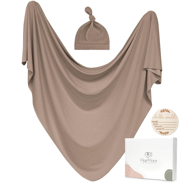 Baby Swaddle Receiving Blankets with Matching Beanie Set, Newborn Nursery Wrap for Boys and Girls (Brown)