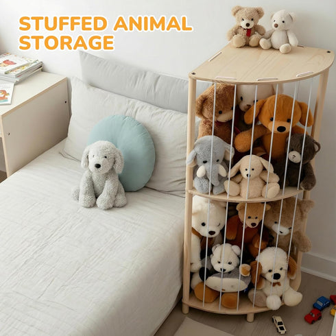 Bedroom(42 inchMedium) POIKSHARK Corner Stuffed Animal Storage & Organizer, Wooden Cute Animal Holder with Partitions