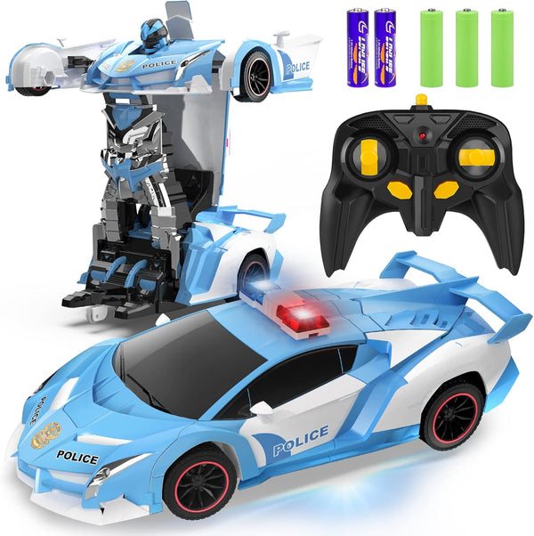 Transforming Police Car RC Toy, 1:18 Scale with Flashing Lights, 360° Rotation for Kids Age 4-12