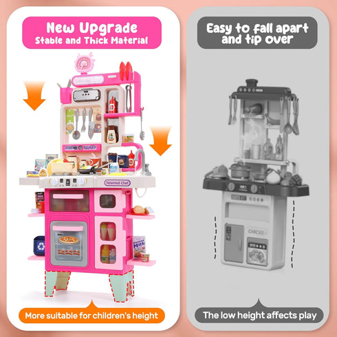 Playset, Set Set CUTE STONE Kids Kitchen Play Kitchen with Sound & Light, Cooking Stove with Steam, Toy Sink,Play Food