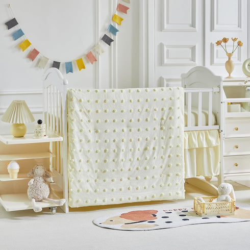 3 Set Set Pieces Crib Bedding Tufted Dots Jacquard Baby Comforter with Fitted Sheet and Bed Skirt - Cute Embroidery