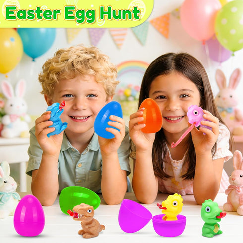 6 Pack Easter Dinosaur Toys for Kids, Filled Easter Egg with Dinosaur Tongue Out Squeeze Toys, Funny Novelty Toys