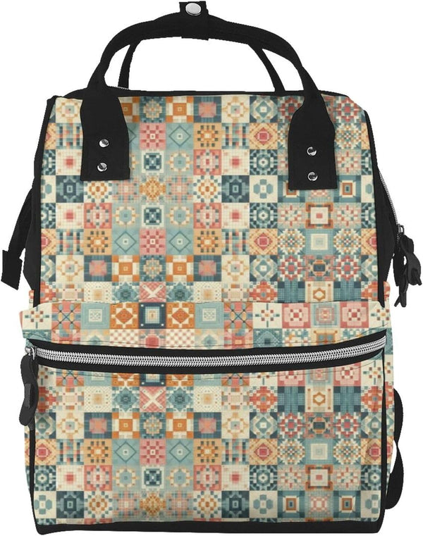 FSQDJLU Vintage Patchwork Quilted Diaper Bag Backpack for Women, Large Capacity Waterproof Travel
