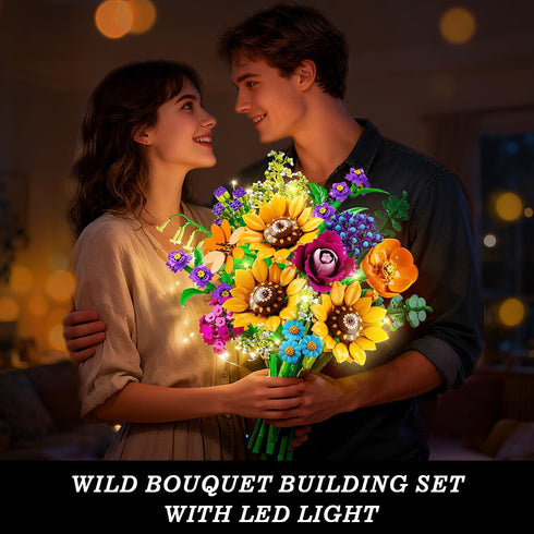 Set 912PCS 18 12+ CUBIMANA Wild Flowers Bouquet Building with Lights - Wildflower Botanicals Collection Building Blocks