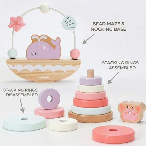 Set 12M+ 4-in-1 Pillowhale Montessori Wooden Toys for Toddlers Educational Toy with Stacking Rings, Shape Sorter, Bead