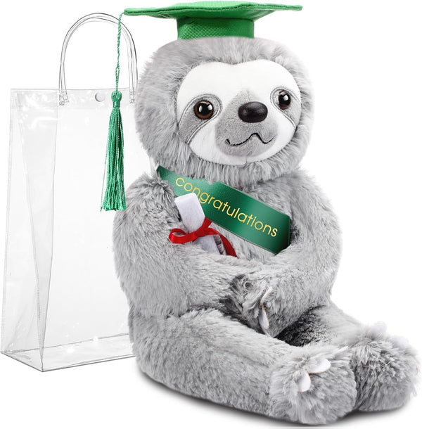 Plush Bear 10 Inch Stuffed Animal for Class of 2025 Graduation Gifts, Green Sloth with Clear PVC Bag