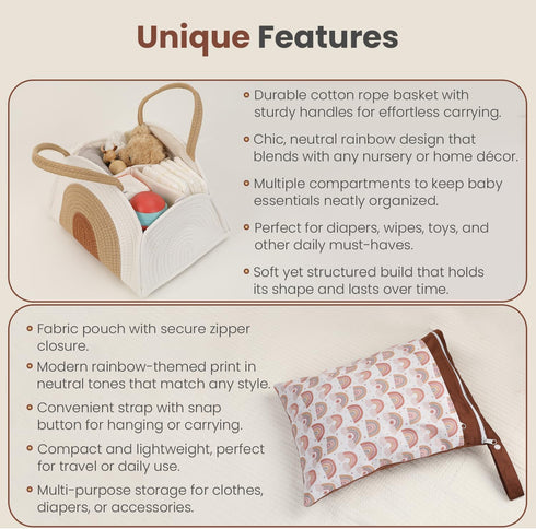 Bluki Diaper Caddy Organizer + Wet Bag - Cotton Rope Diaper Caddy Basket - Diaper Bag Organizing Pouches - Gift