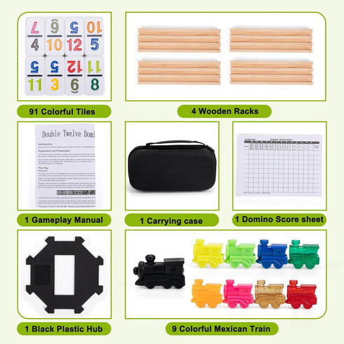 Set 4 12 91 Mexican Train Dominoes with Wooden Trays - Double Dominoes Game with Number Tiles, Portable Carrying Case