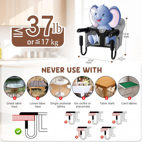 37 lb 6-36 Portable Hook-On Baby High Chair with Clip-On Design & Weight Capacity | Foldable Travel & Home Use
