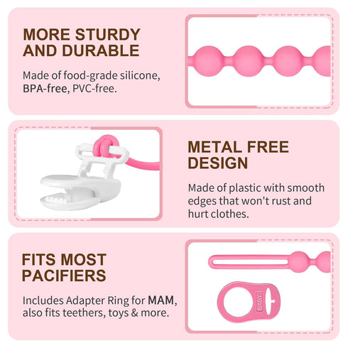4-Pack Dummy, Dummies, Silicone Pacifier Clip with Adapter Ring Fits MAM Soft Flexible Binky Holder for Button-Style