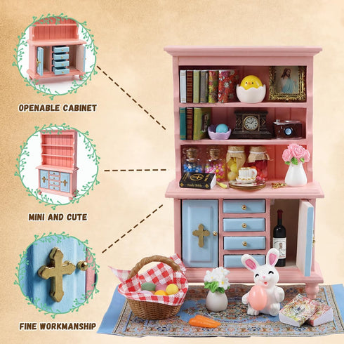 Set 40 1/12 Vintage Springtime Hutch - Pcs Dollhouse Miniatures Scale Accessories, Wooden Bookshelf with Books