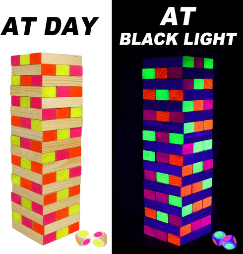 Ahuimeius 54 Piece Glow Tumble Tower Board Games, Glow in The Blacklight Tumble Tower, Indoor/Outdoor Board Game