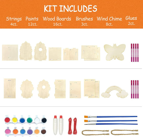 Crafts for Kids Ages 4-8 - 4 Pack DIY Bird House Wind Chime Kit for Building and Painting Birdhouses