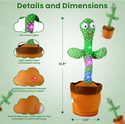 Dancing Cactus Interactive Toy, Talking Cactus with LED Lights, 60 Unique Songs for Kids, Rechargeable USB Cord Included