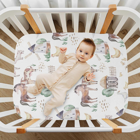 CHUROUSY 28x52 Inch Farm Animals Baby Crib Sheets Cute Horse Cow Lamb Chicken Pig Hen Duck Mattress Cover Farmhouse
