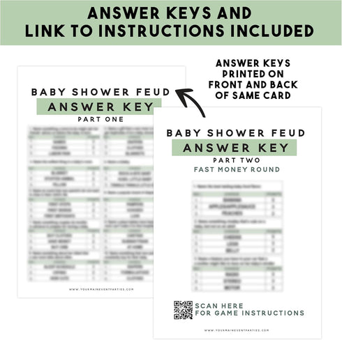Eucalyptus Baby Shower Family Feud Game Set - Your Main Event Prints, 50 Question Cards, Fun Group Activity